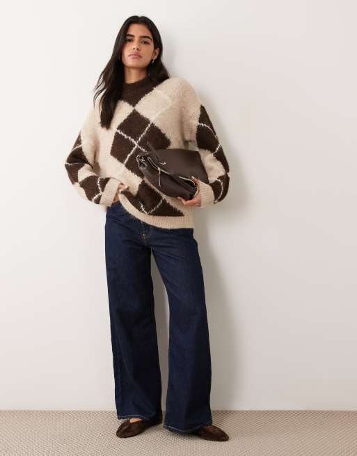 Vila high neck oversized knitted jumper in brown argyle print, 3 of 4