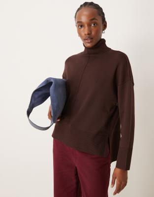 high neck oversized sweater with seam detail in chocolate brown