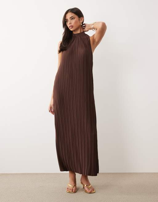 Vila high neck plisse maxi dress in chocolate brown, 2 of 4