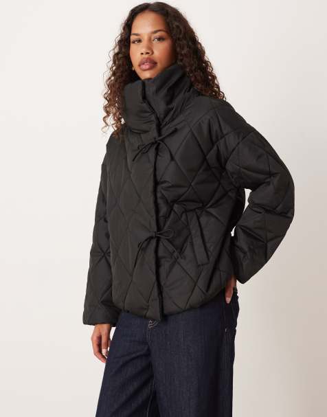 Vila high neck quilted jacket with tie details in black