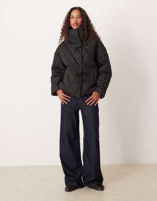 Vila High Neck Quilted Jacket With Tie Details In Black