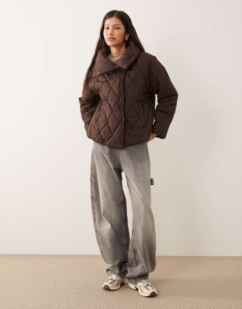 Vila high neck quilted jacket with tie details in chocolate brown - view 1
