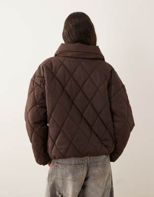 Vila High Neck Quilted Jacket With Tie Details In Brown