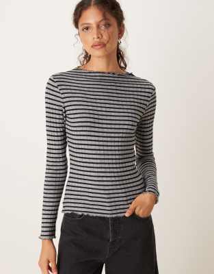 Vila High Neck Ribbed Striped Top In Gray
