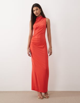 Vila High Neck Ruched Maxi Dress In Red