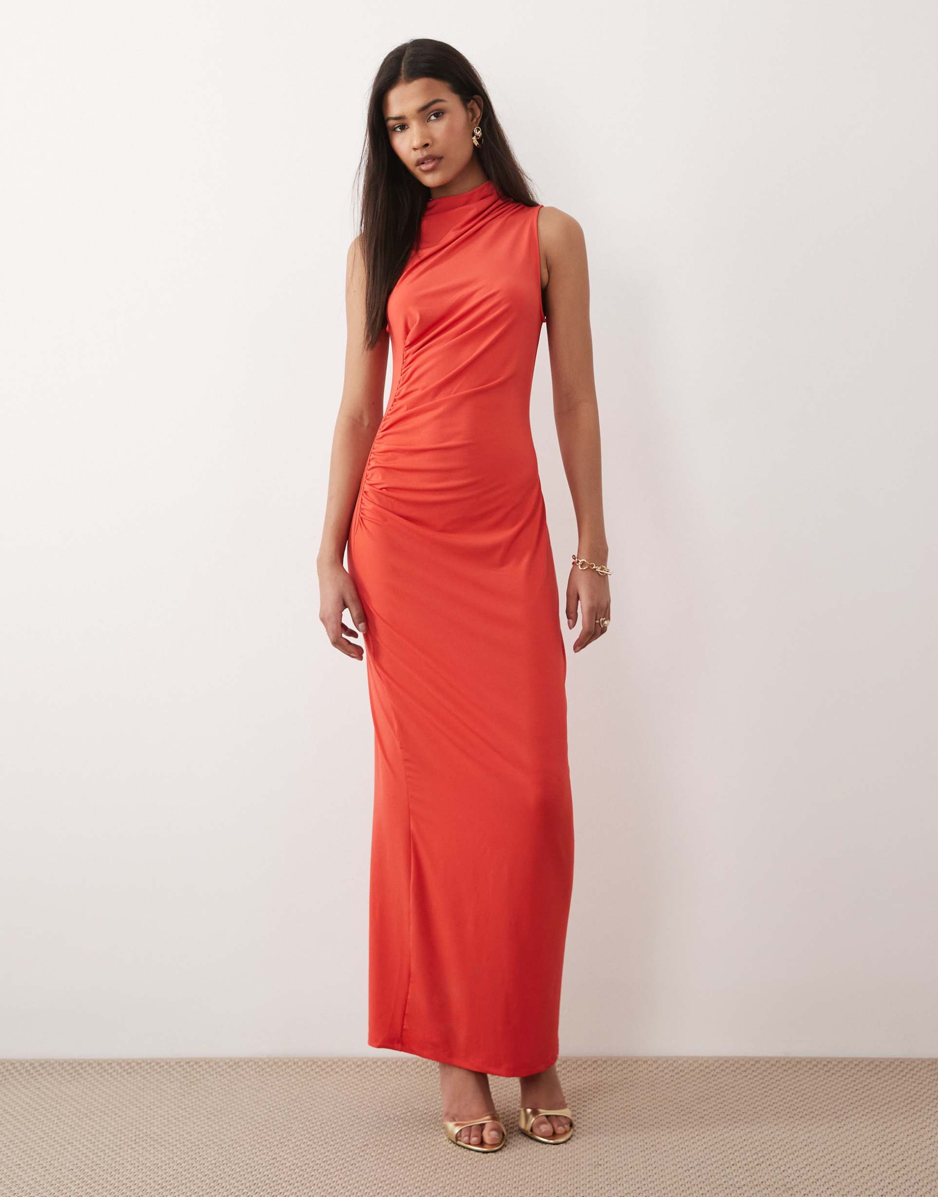 vila high neck ruched maxi dress in hibiscus red