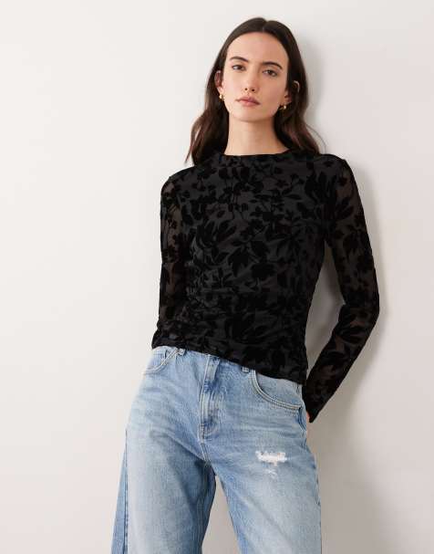 VILA high neck ruched velvet devore mesh top in black - view 1