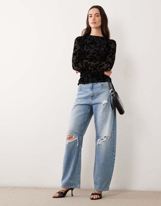 VILA high neck ruched velvet devore mesh top in black, 2 of 4