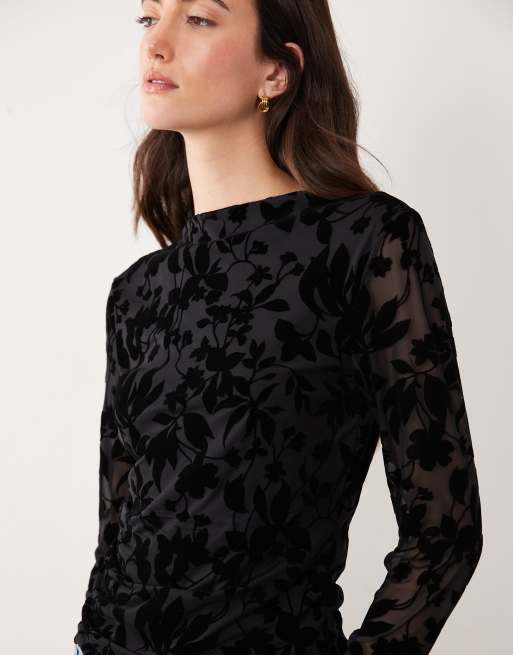 VILA high neck ruched velvet devore mesh top in black, 3 of 4