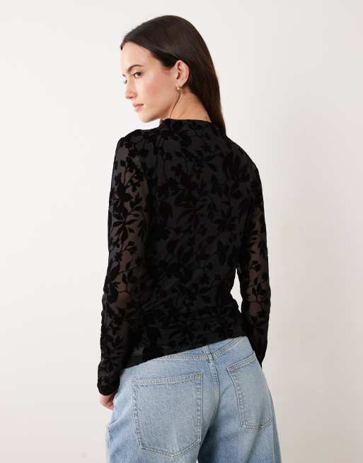 VILA high neck ruched velvet devore mesh top in black, 4 of 4