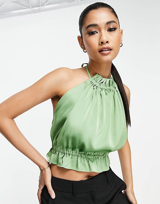 Vila high neck satin crop top with tie back in green (part of a set)