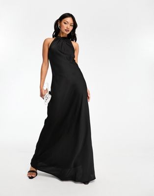 Vila high neck satin maxi dress in black