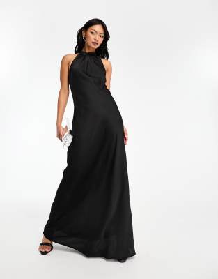 Black Satin High-Neck Maxi Cocktail Dress