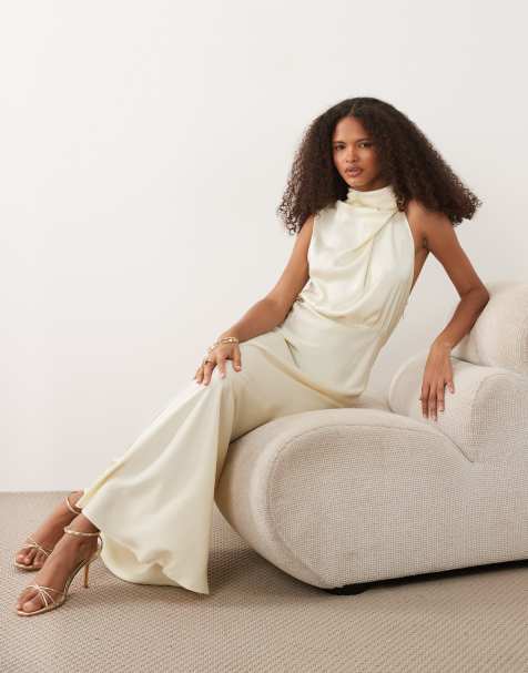 Vila high neck satin maxi dress in pastel yellow - view 1