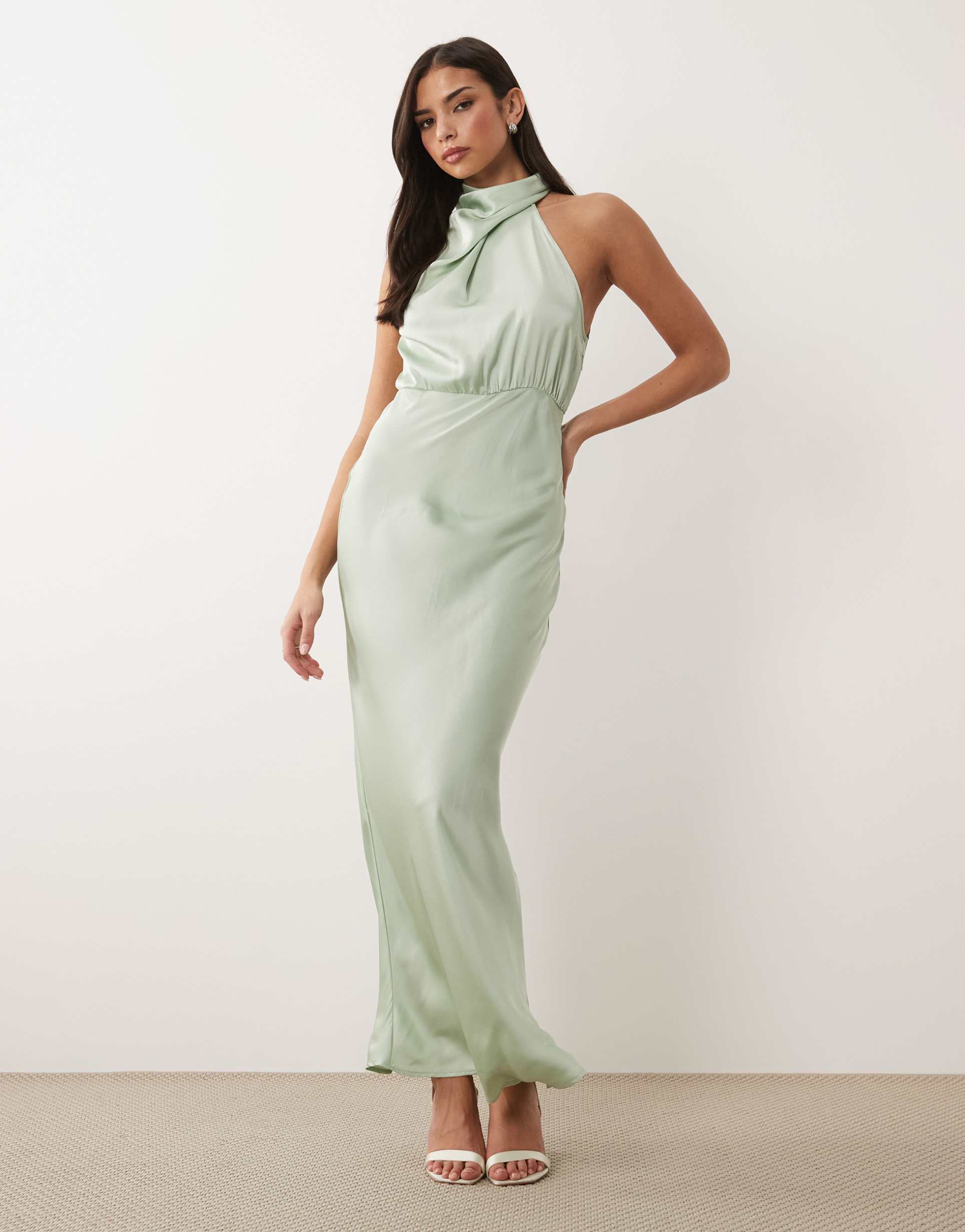 vila high neck satin maxi dress in sage green