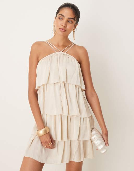 VILA high neck satin ruffle mini dress in birch cream, 3 of 4