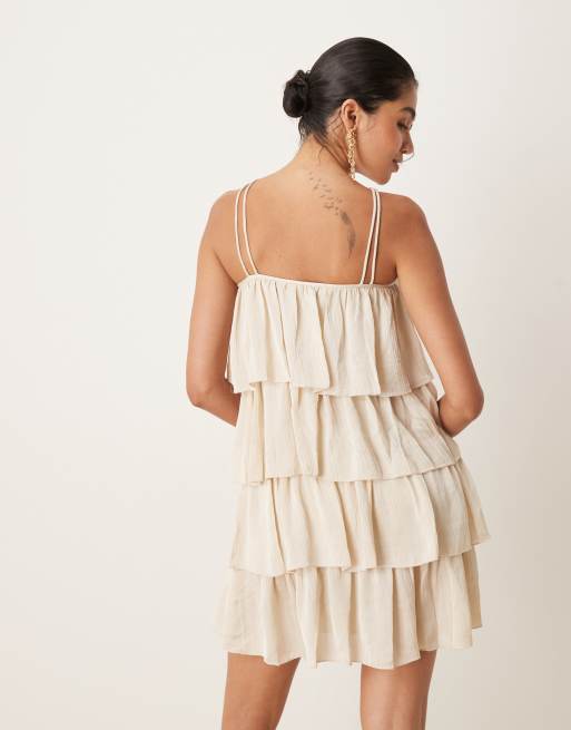 VILA high neck satin ruffle mini dress in birch cream, 4 of 4