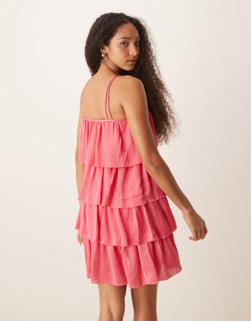 Vila high neck satin ruffle mini dress in pink