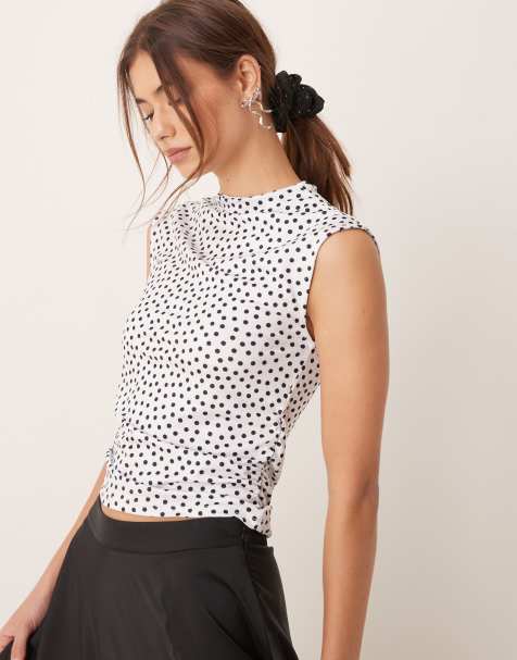 Vila high neck sleeveless ruched top in black and white spots - view 1