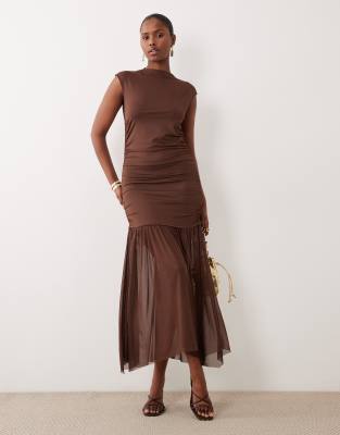 Vila High Neck Slinky Maxi Dress In Brown