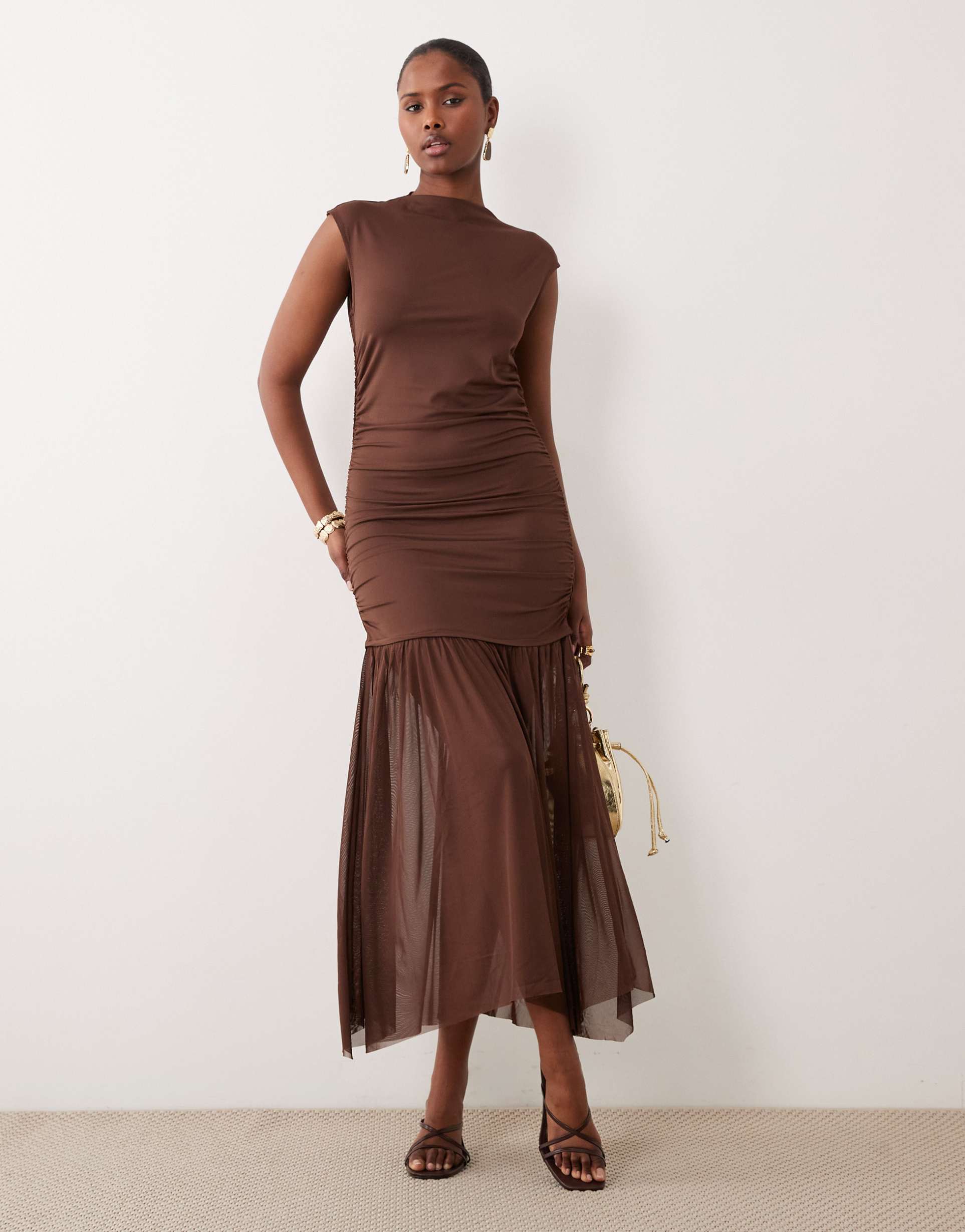 vila high neck slinky maxi dress in chocolate brown