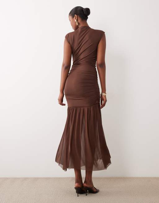 VILA high neck slinky maxi dress in chocolate brown, 3 of 4