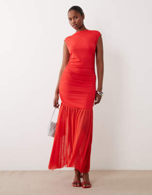 Vila High Neck Slinky Maxi Dress In Red