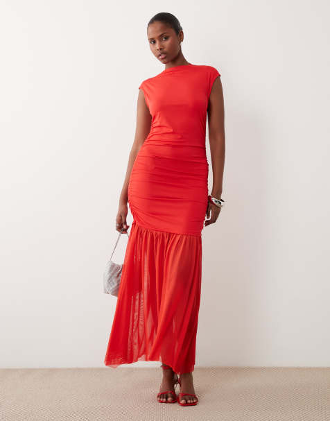 Vila high neck slinky maxi dress in red