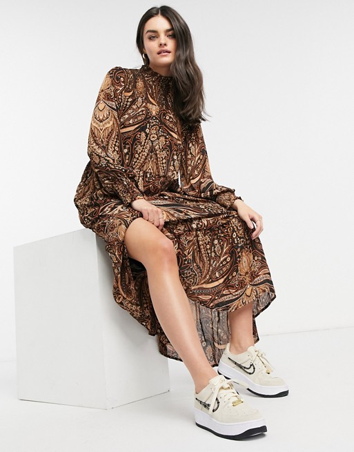 Vila high neck smock dress with tiered skirt in paisley print