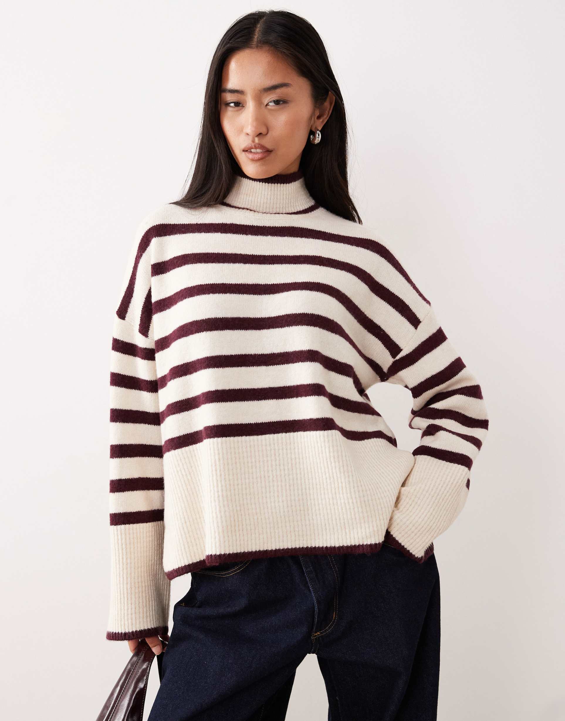 vila high neck stripe sweater in cream and burgundy