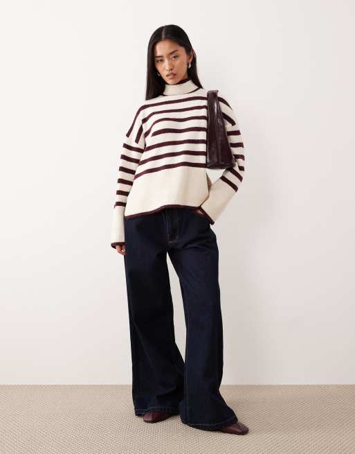 VILA high neck stripe sweater in cream and burgundy, 2 of 4
