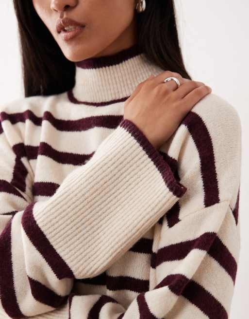 VILA high neck stripe sweater in cream and burgundy, 3 of 4