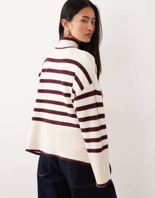 VILA high neck stripe sweater in cream and burgundy, 4 of 4