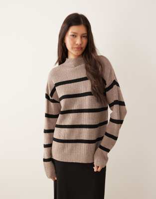 Vila Vila high neck super soft jumper in brown stripe-Neutral