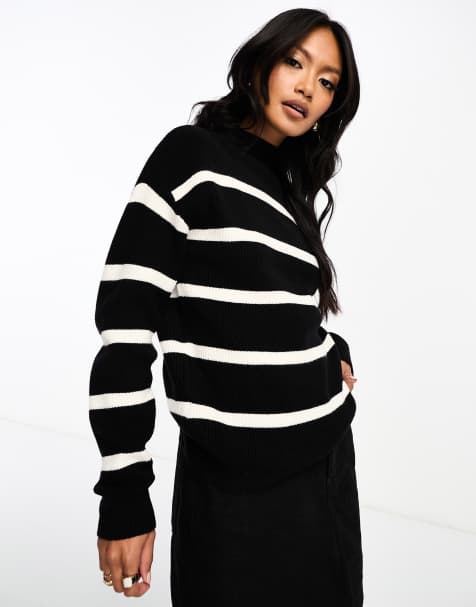 Vila high neck super soft sweater in black mono stripe - view 1