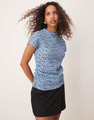 high neck textured short sleeve top in multi blue