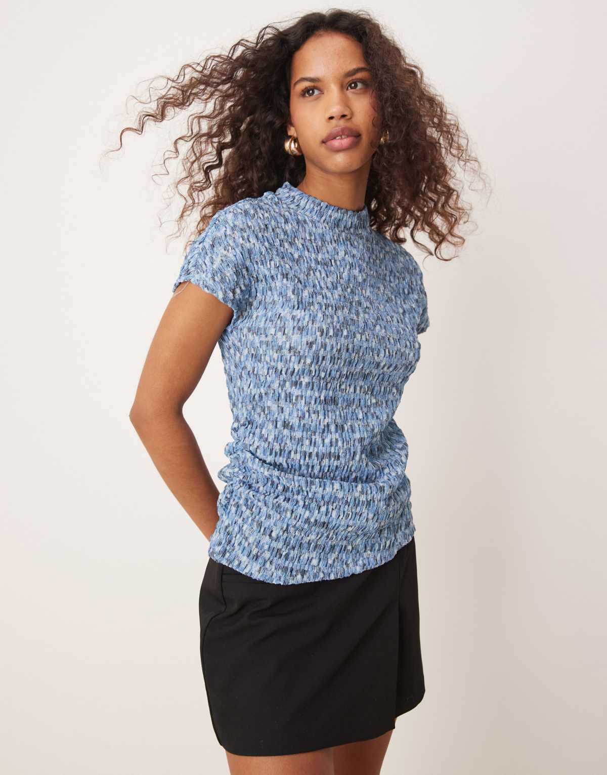 Vila high neck textured short sleeve top in multi blue