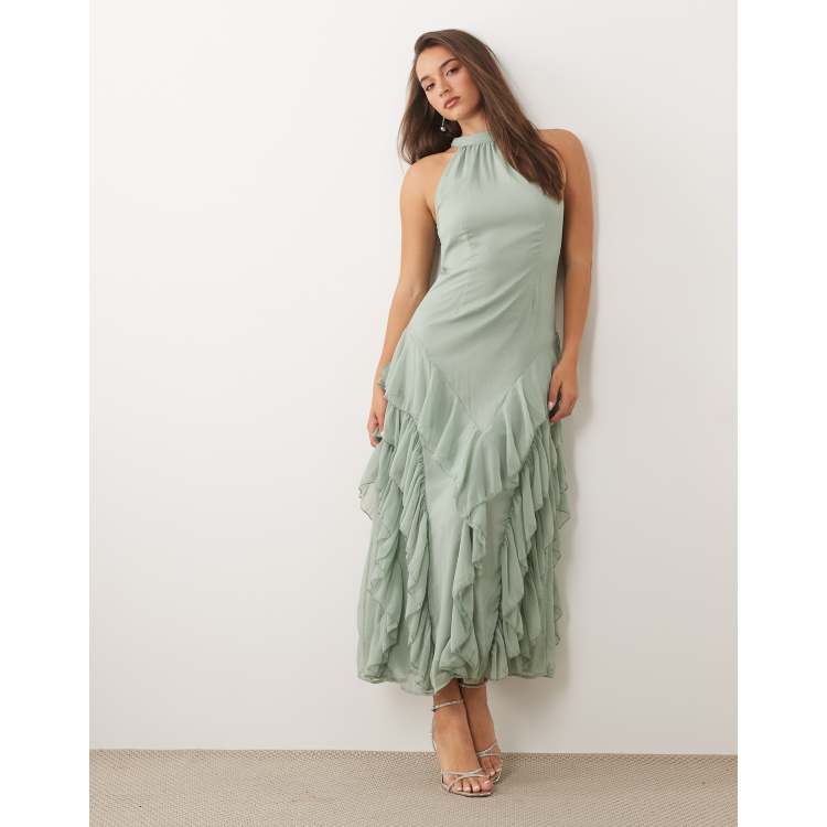 green boho formal dress Vila - High Neck Tie Back Maxi - Women - Polyester - 42 EU Hi-Tie Brown Dress Shirt Catalogue_AW19 customized fit Colour:Dark Navy
