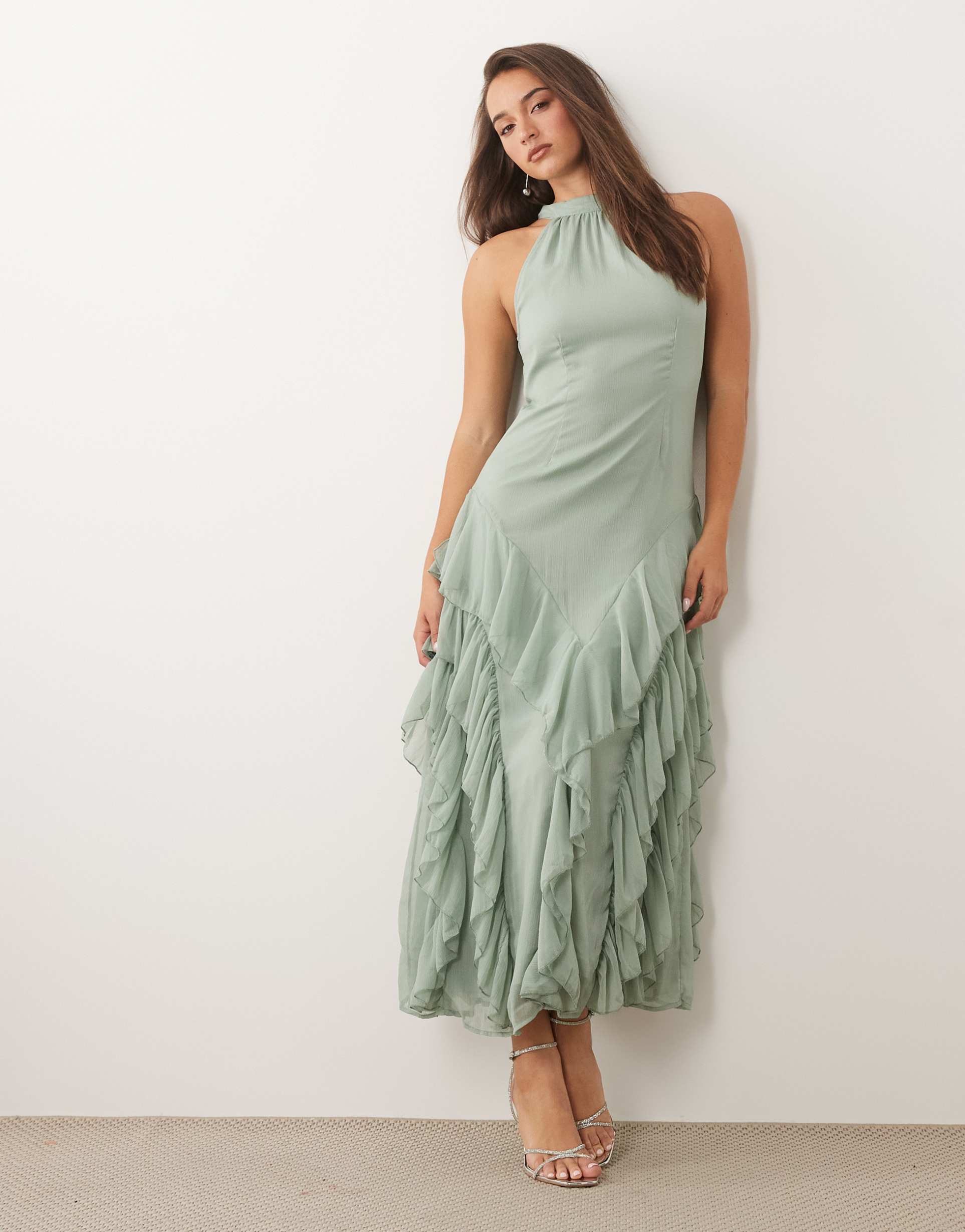 vila high neck tie back boho maxi dress in sage green