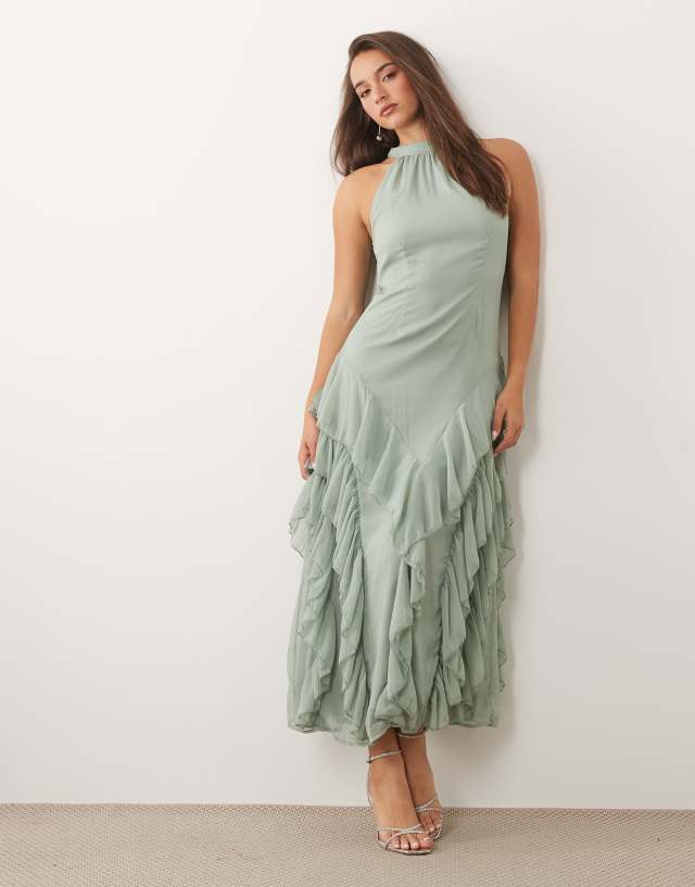 VILA high neck tie back boho maxi dress in sage green