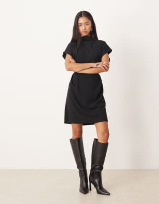 Vila High Neck Tie Waist Mini Dress In Black