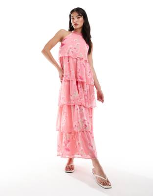 Vila High Neck Tiered Maxi Dress In Pink Vintage Floral Print