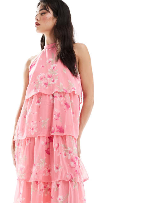 Vila high neck tiered maxi dress in pink vintage floral print, 2 of 4