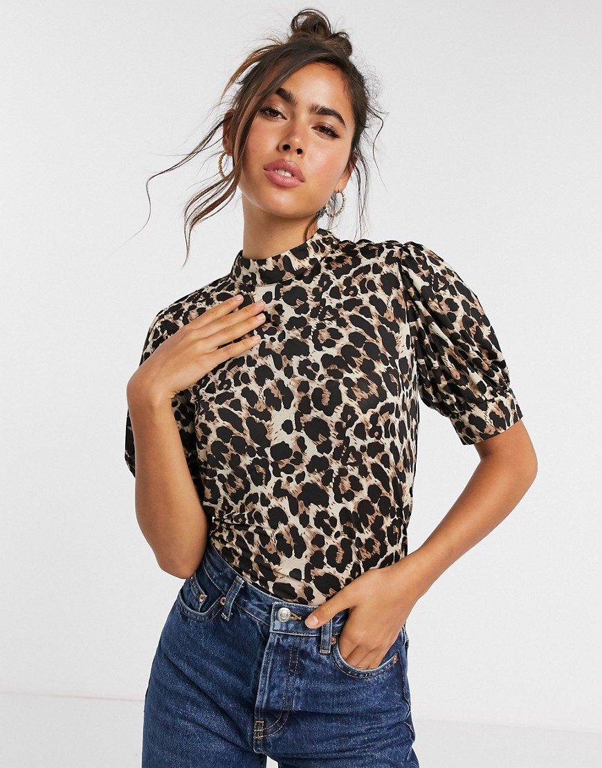 Vila high neck top with cuffed sleeve in leopard print-Multi