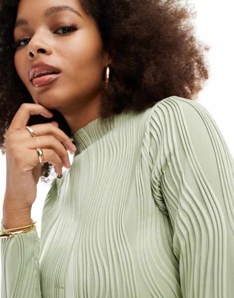 Vila high neck top with textured swirl in sage - view 1