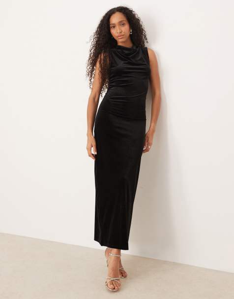 Vila high neck velvet ruched maxi dress in black - view 1