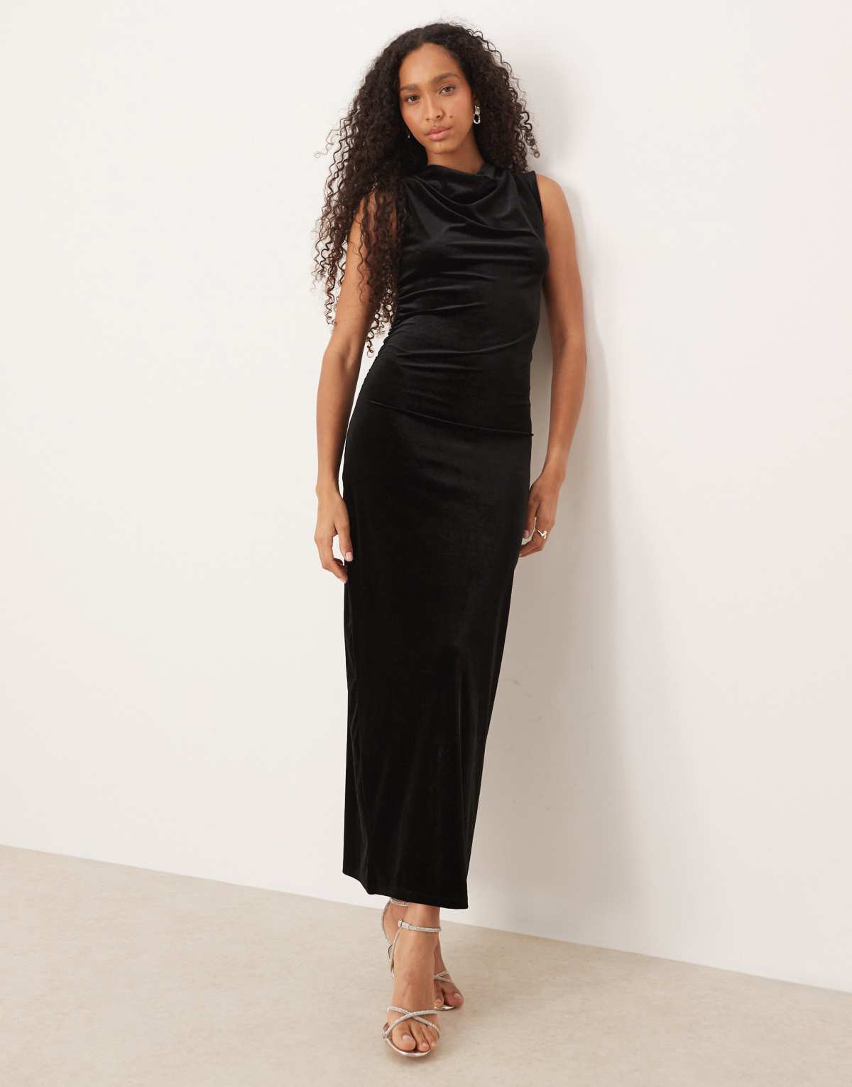 Vila high neck velvet ruched maxi dress in black