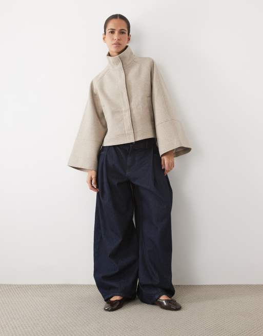 Vila high neck wide sleeve short wool-look coat in natural melange, 2 of 4