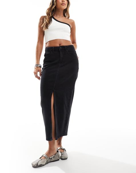 Vila high rise denim front split midi skirt in black wash - view 1