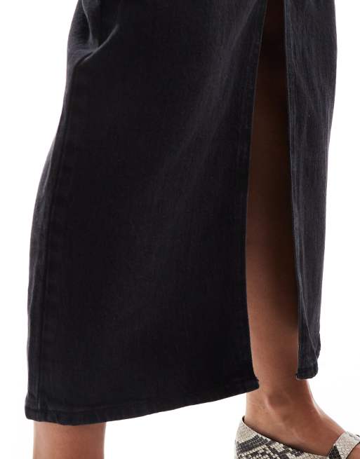 Vila high rise denim front split midi skirt in black wash